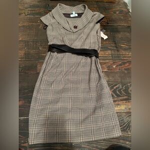 Brown and White Checkered Dress with Belt